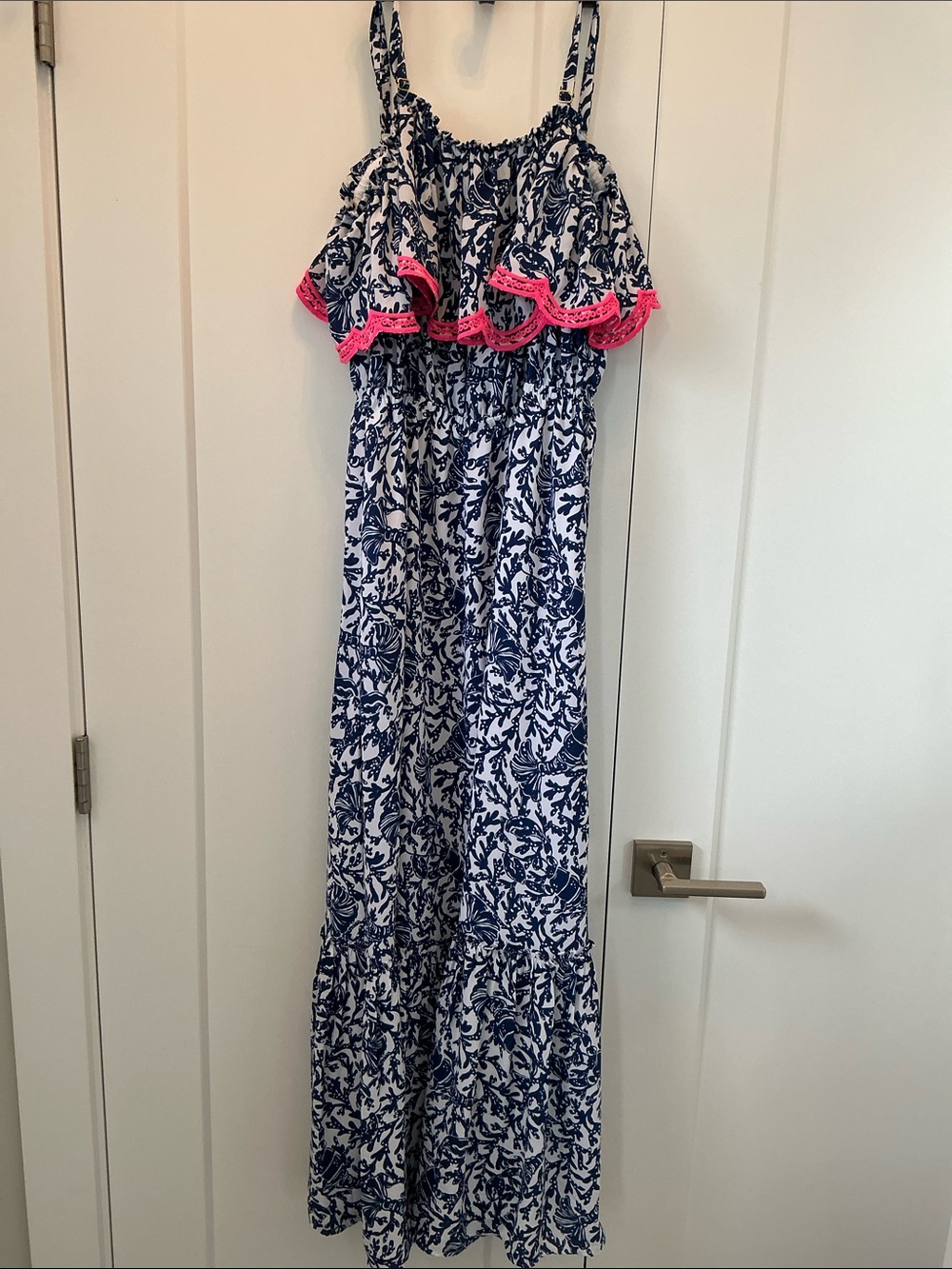 Lilly Pulitzer Navy and White Maxi Dress with Pink Trim